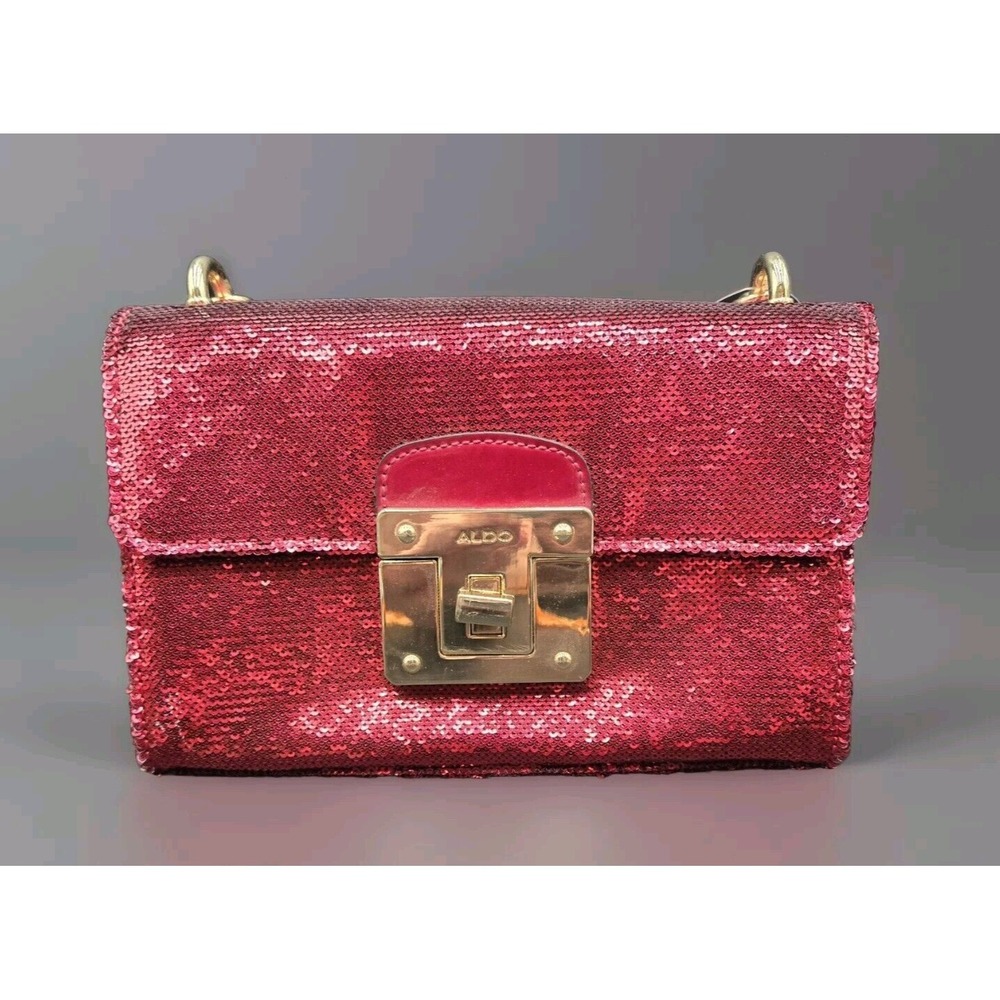 Aldo Red Sequent Handbag W/‎ Yellow Metal Chain Adjustable Evening Event Purse